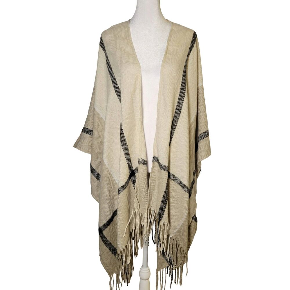 NWT Three Dots Cashmere Blend Wrap Poncho Shawl OS Miranda Plaid Boho Cabincore
